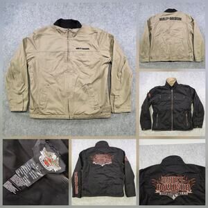 Harley Davidson Jacket Mens Large Beige Black Reversible Motorcycle Biker